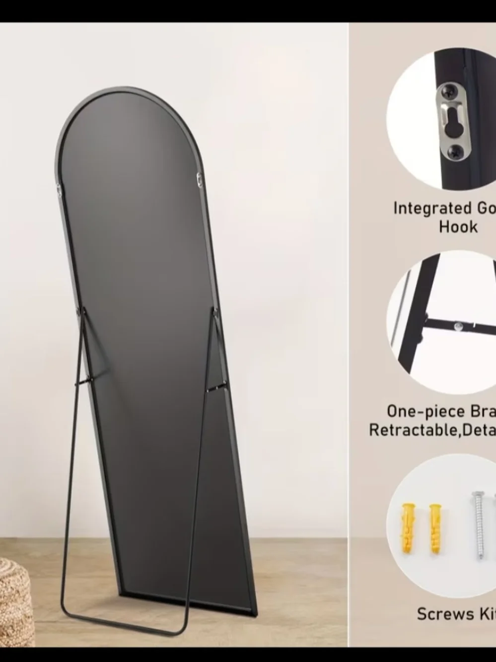 3 Gold Full-Length Arch Floor Mirror - Elegant Home Wall Decor
